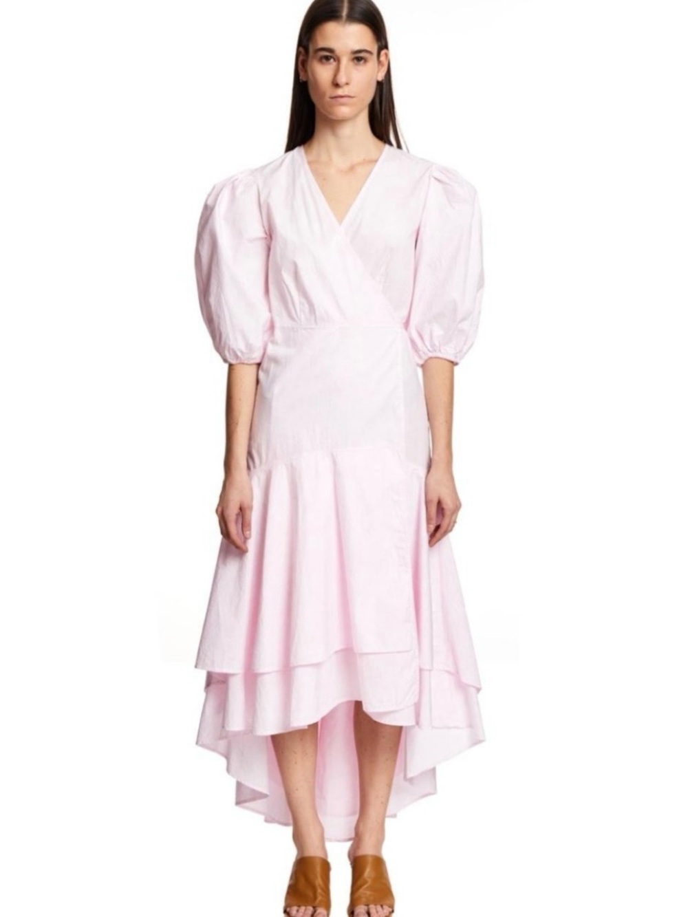 Ganni Pale Pink Puff-Sleeve High-Low Maxi Dress